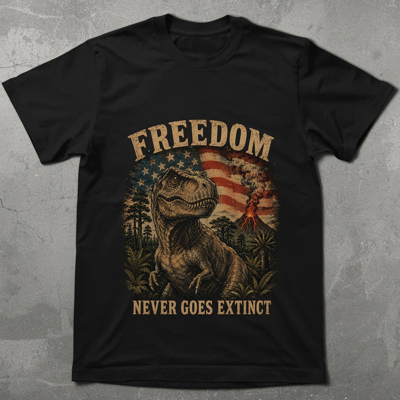 WZ_trex_freedom_never_goes_extinct_black_shopify_comfort_colors_1717_flatlay_1_mockup_black